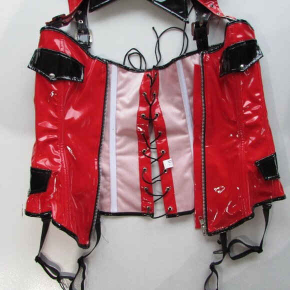Red Black Shiny Vinyl Collared Corset - S/M - NEW - Picture 8 of 8